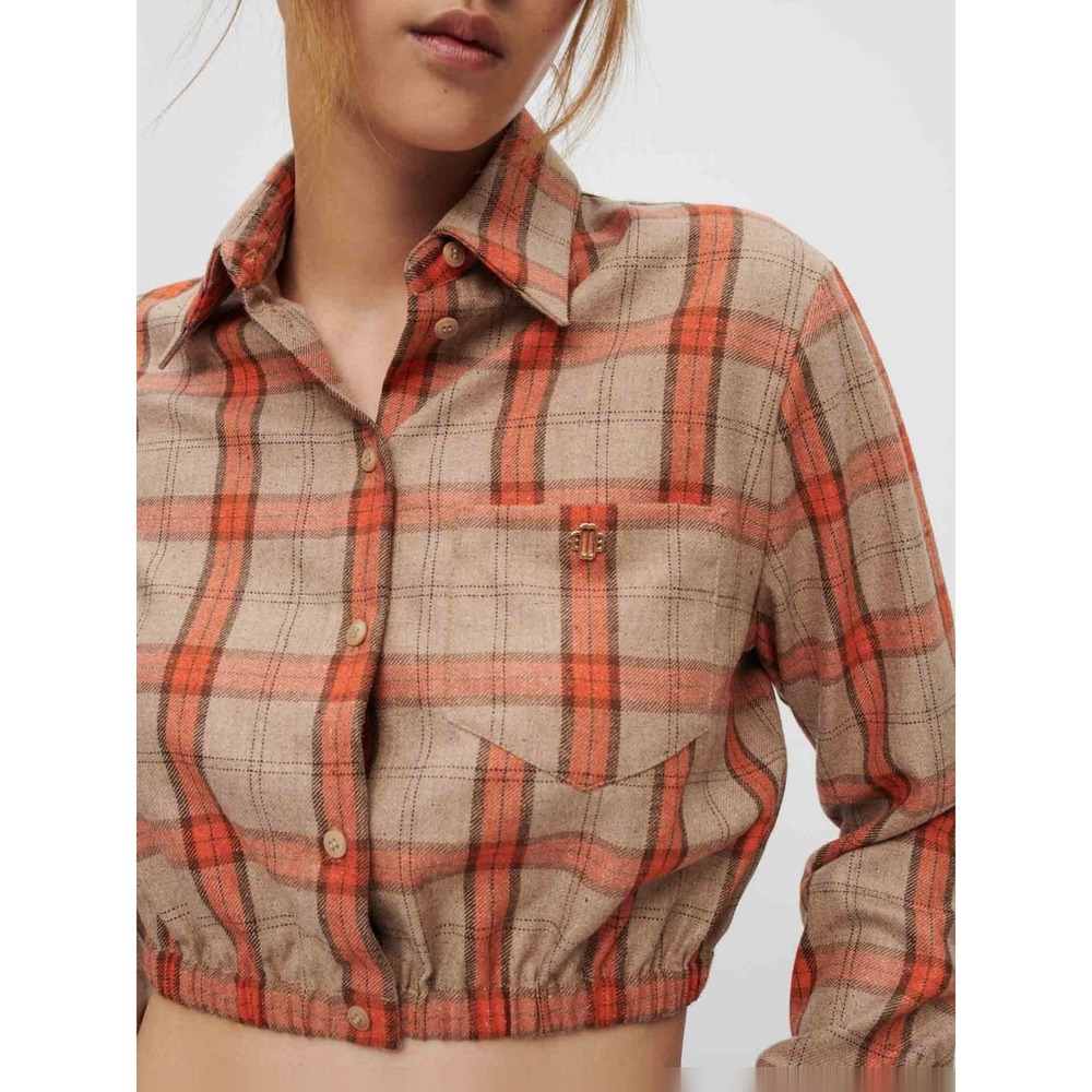 Maje Camel and Orange Plaid Crop Shirt MFPCM00357 Button Down Size 1 Small - Picture 10 of 11